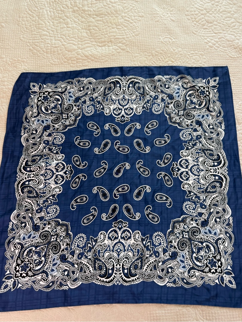 Vtg Navy Blue Silk Paisley Bandana White Blue Geometric Border Boho Y2K Scarf